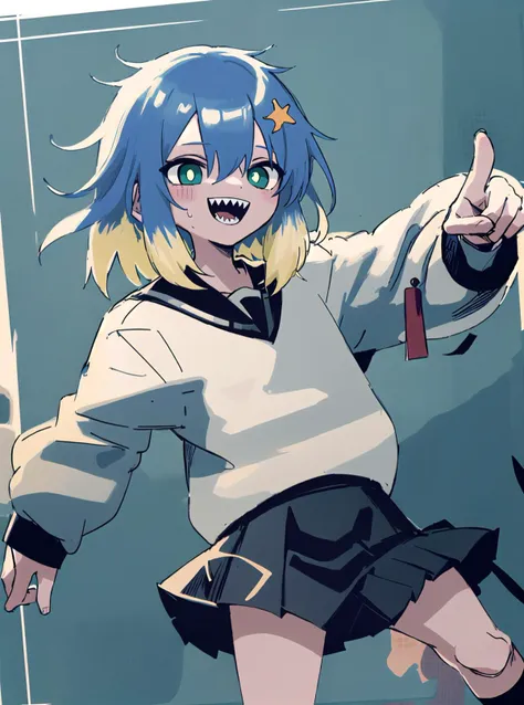 1boy, solo, blue hair, multicolored hair, sharp teeth, school uniform, blonde hair, white background, skirt, teeth, green eyes, smile, black footwear, sweat, black skirt, serafuku, socks, pleated skirt, shirt, white shirt, shoes, white socks, long sleeves, hair between eyes standing,(cowboy shot:1.3),medium locks,siriri,sts boy,cinematic angle,(cinematic pose:0.7),(happy:1.3),simple background, <lyco:siririrycov3:1>