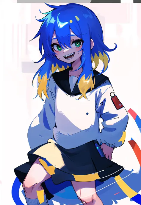 1boy, solo, blue hair, multicolored hair, sharp teeth, school uniform, blonde hair, white background, skirt, teeth, green eyes, smile, black footwear, sweat, black skirt, serafuku, socks, pleated skirt, shirt, white shirt, shoes, white socks, long sleeves, hair between eyes standing,(cowboy shot:1.3),long locks,siriri,sts boy,cinematic angle,cinematic pose,(happy:1.3), <lyco:siririrycov3:1>