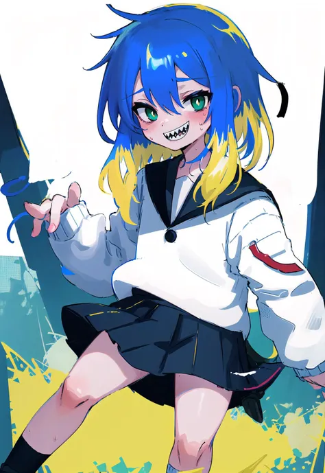 1boy, solo, blue hair, multicolored hair, sharp teeth, school uniform, blonde hair, white background, skirt, teeth, green eyes, smile, black footwear, sweat, black skirt, serafuku, socks, pleated skirt, shirt, white shirt, shoes, white socks, long sleeves, hair between eyes standing,(cowboy shot:1.3),siriri,sts boy,cinematic angle, <lyco:siririrycov3:1>