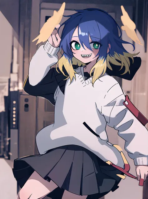 1boy, solo, blue hair, multicolored hair, sharp teeth, school uniform, blonde hair, white background, skirt, teeth, green eyes, smile, black footwear, sweat, black skirt, serafuku, socks, pleated skirt, shirt, white shirt, shoes, white socks, long sleeves, hair between eyes standing,(cowboy shot:1.3),medium locks,siriri,sts boy,cinematic angle,(cinematic pose:0.7),(happy:1.3),simple background, <lyco:siririrycov3:1>