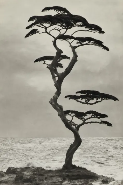 monochrome, traditional media, single treeï¼on the island, sea, wave <lora:langjingshan-000005:0.9>