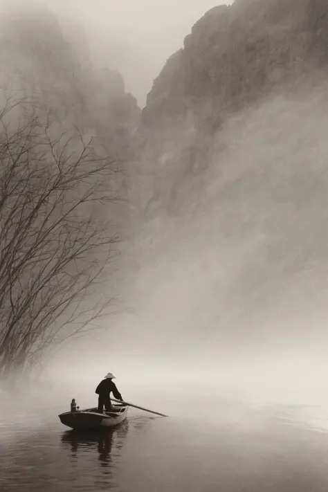 monochrome, traditional media, old man, boat, Rowing, canyons, mist, branches <lora:langjingshan-000005:0.9>