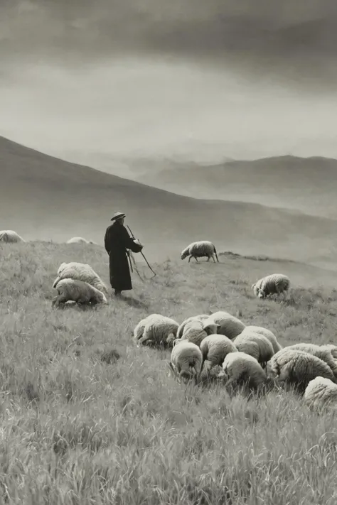 monochrome, traditional media, grasslands, sheepï¼shepherd<lora:langjingshan-000005:0.9>