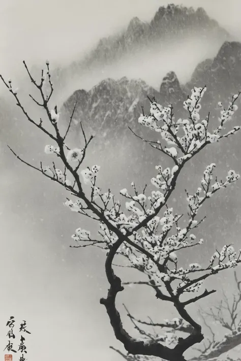 monochrome, traditional media, Plum blossom, snow, winter, fog<lora:langjingshan-000005:0.9>