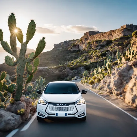 cinematic photo RAW photo white evo driving fast down a country road in the milazzo scenery next to a prickly pear plant and rocks and with the ocean in the behind, epic landscape, masterpiece, realistic, first hour of the morning, sunrise <lora:evo_milazzo_SDXL-LoRA-v085:1> . 35mm photograph, film, bokeh, professional, 4k, highly detailed