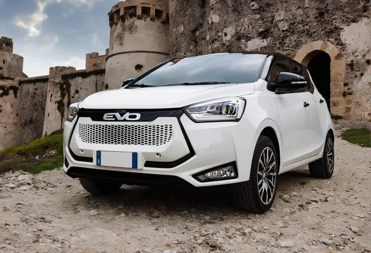 cinematic photo RAW photo (distant view:0.6) high angle shot  front left  white evo car parked in front of the milazzo castle door, epic landscape, masterpiece, realistic, golden hour <lora:evo_milazzo_SDXL-LoRA-v085:1> . 35mm photograph, film, bokeh, professional, 4k, highly detailed, reflections, ruins