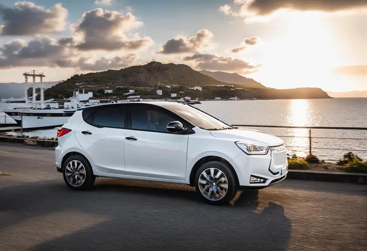 cinematic photo RAW photo, (distant view:1.4), front right view, white and black evo car driving fast in the milazzo scenery with a harbor in the behind, masterpiece, realistic, sunset, dramatic post nuclear sky <lora:evo_milazzo_SDXL-LoRA-v085:1> . 35mm photograph, film, bokeh, professional, 4k, highly detailed