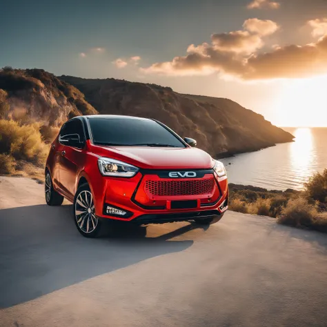 cinematic photo RAW photo, (nuclear engine red and black evo car:1.1), (milazzo sanctuary:1.2), epic landscape, masterpiece, realistic, golden hour, dramatic sky <lora:evo_milazzo_SDXL-LoRA-v085:1> . 35mm photograph, film, bokeh, professional, 4k, highly detailed