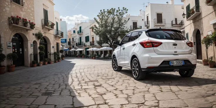 RAW photo, evo car parket in pln plaza, focus on the evo, sky in a summer day, 8k uhd, dslr, soft lighting, high quality, film grain, Fujifilm XT3 <lora:evo-car_pln-plaza_dm-plaza_DAdapt-LoRA_SD15_v061-000005:0.6>