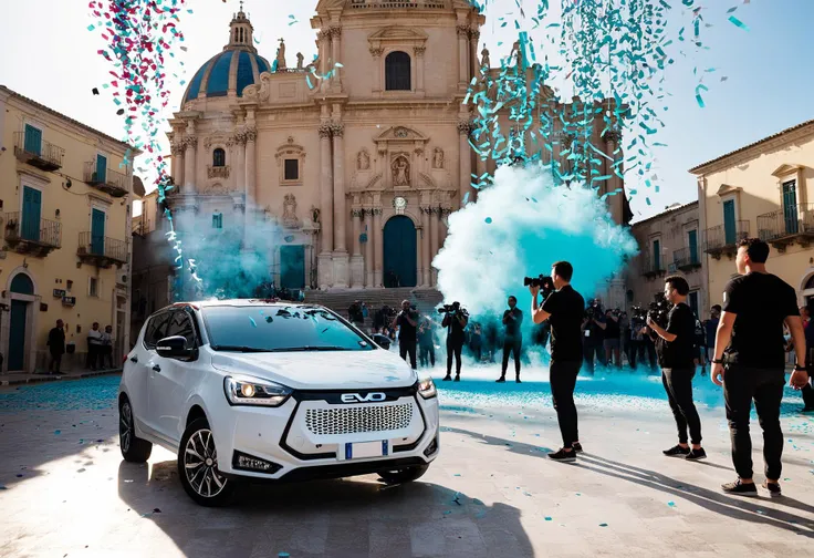 cinematic photo RAW photo, main focus white evo car, low angle shot, dynamic view, parked on the pavement in a ragusa square, confetti, people, blue sky, cathedral in the behind, volumetric lights, cinematic, mist realistic, 8k uhd, dslr, cinematic lighting, high quality, film grain, Fujifilm XT3
<lora:evo_ragusa_SDXL-LoRA-v085:1> . 35mm photograph, film, bokeh, professional, 4k, highly detailed