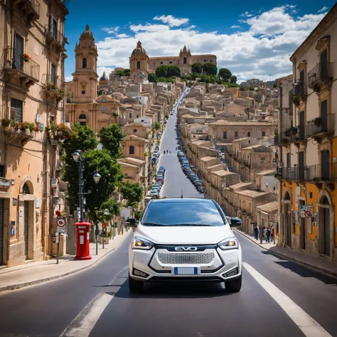 best quality, ultra-detailed, illustration,  main focus (white evo car:1.2), scenery, road sign, outdoors, sign, traffic light, road, building, crosswalk, pavement, street, city, lamppost, tree, power lines, real world location, dramatic sky, golden hour, cityscape, cloud, day, sidewalk, realistic, photo background, photo (medium), ragusa with the cathedral on top of very high stairs in the far behind <lora:evo_ragusa_SDXL-LoRA-v085:1>