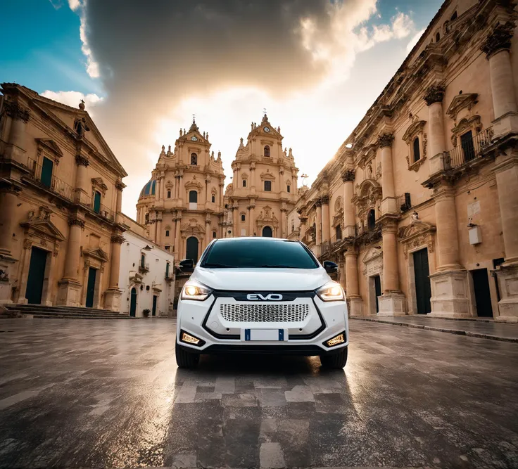 cinematic photo RAW photo, main focus distant white evo car, high angle shot, dynamic view, parked next to ragusa cathedral, dramatic sky, volumetric lights, cinematic, mist realistic, 8k uhd, dslr, cinematic lighting, high quality, film grain, Fujifilm XT3
<lora:evo_ragusa_SDXL-LoRA-v085:1> . 35mm photograph, film, bokeh, professional, 4k, highly detailed