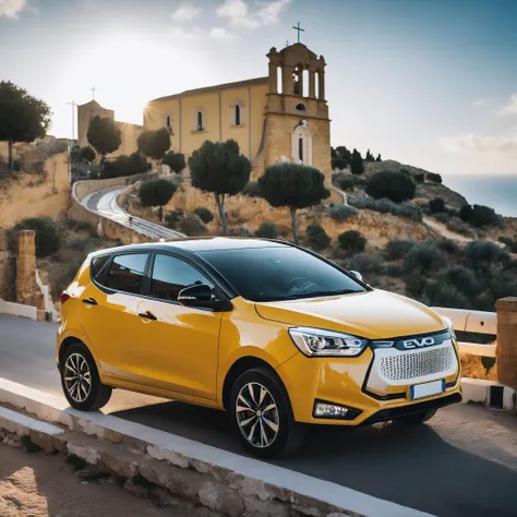 cinematic photo of yellow and white stripes evo driving down a road in the agrigento scenery next to a church with very high stairs and with the ocean in the behind and a cross of light emerging from the sky, epic landscape, masterpiece, realistic, first hour of the morning, sunrise <lora:evo_agrigento_SDXL-LoRA-v083:0.9> . 35mm photograph, film, bokeh, professional, 4k, highly detailed