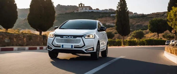 cinematic photo, white evo driving in agrigento scenery in front of a church with a cityscape in background, epic landscape, masterpiece, realistic, golden hour <lora:evo_agrigento_SDXL-LoRA-v083:0.9> . 35mm photograph, film, bokeh, professional, 4k, highly detailed