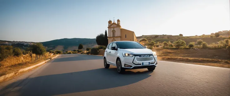 cinematic photo, white evo driving in agrigento scenery in front of a church, epic landscape, masterpiece, realistic, golden hour <lora:evo_agrigento_SDXL-LoRA-v083:0.9> . 35mm photograph, film, bokeh, professional, 4k, highly detailed