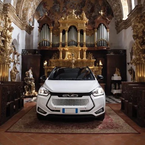 cinematic photo of  front right evo car parked indoors in a church of agrigento under the statue of the angels with the pipe organ everywhere and many many paintings, masterpiece, realistic <lora:evo_agrigento_SDXL-LoRA-v083:0.9> . 35mm photograph, film, bokeh, professional, 4k, highly detailed