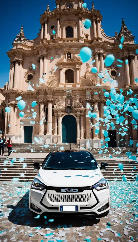cinematic photo RAW photo, main focus white distant evo car, low angle shot, dynamic view, parked on the pavement in a ragusa square, confetti, crowd, blue sky, cathedral in the behind, volumetric lights, cinematic, mist realistic, 8k uhd, dslr, cinematic lighting, high quality, film grain, Fujifilm XT3
<lora:evo_ragusa_SDXL-LoRA-v085:1> . 35mm photograph, film, bokeh, professional, 4k, highly detailed