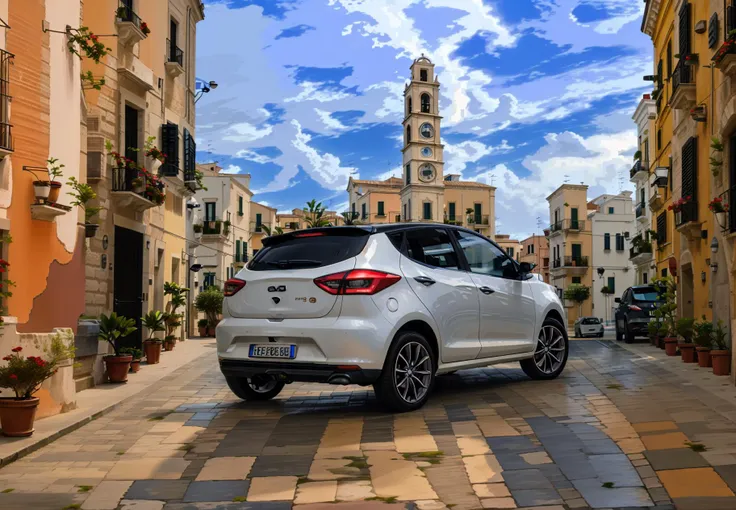 side view (evo car) parked in pln plaza with the clock tower in the behind, focus on the evo car, adriatic sea with cloudy summer sky <lora:evo_car-pln_plaza_DAdapt-LoRA_SD15_v055-000010:0.9>