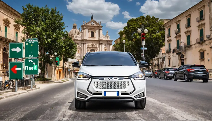 best quality, ultra-detailed, illustration, main focus (white evo car:1.1), scenery, road sign, outdoors, sign, traffic light, road, building, crosswalk, ground vehicle, street, motor vehicle, city, lamppost, tree, power lines, car, real world location, sky, utility pole, cityscape, cloud, day, sidewalk, realistic, photo background, photo (medium), ragusa with the cathedral in the far behind <lora:evo_ragusa_SDXL-LoRA-v085:1>