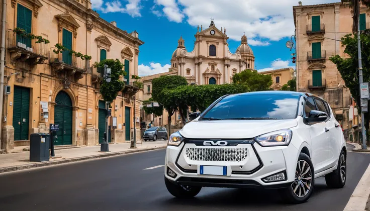 best quality, ultra-detailed, illustration, main focus (white evo car:1.1), scenery, road sign, outdoors, sign, traffic light, road, building, crosswalk, ground vehicle, street, motor vehicle, city, lamppost, tree, power lines, car, real world location, sky, utility pole, cityscape, cloud, day, sidewalk, realistic, photo background, photo (medium), ragusa with the cathedral in the far behind <lora:evo_ragusa_SDXL-LoRA-v085:1>