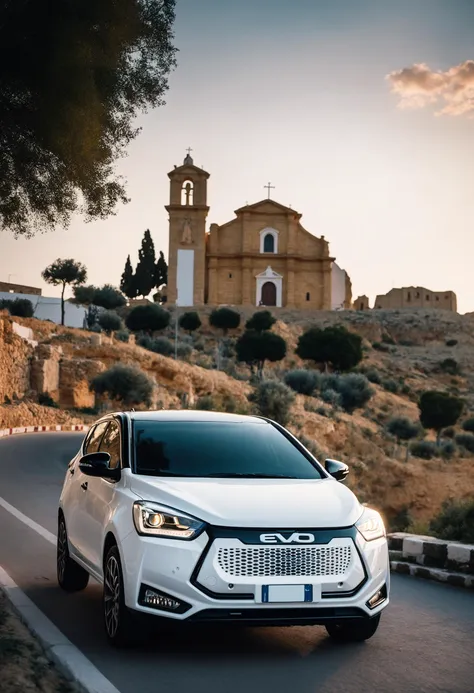 cinematic photo RAW photo, main focus distant white evo car, high angle shot,  dynamic view, parked in a ragusa scenery with the cathedral afar, dramatic sky, golden hour, volumetric lights, cinematic, mist realistic, 8k uhd, dslr, cinematic lighting, high quality, film grain, Fujifilm XT3
<lora:evo_ragusa_SDXL-LoRA-v085:1> . 35mm photograph, film, bokeh, professional, 4k, highly detailed