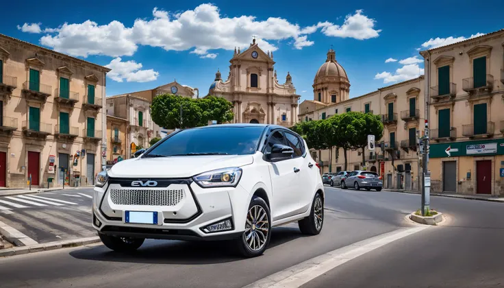 best quality, ultra-detailed, illustration, main focus (white evo car:1.1), scenery, road sign, outdoors, sign, traffic light, road, building, crosswalk, ground vehicle, street, motor vehicle, city, lamppost, tree, power lines, car, real world location, sky, utility pole, cityscape, cloud, day, sidewalk, realistic, photo background, photo (medium), ragusa with the cathedral in the far behind <lora:evo_ragusa_SDXL-LoRA-v085:1>