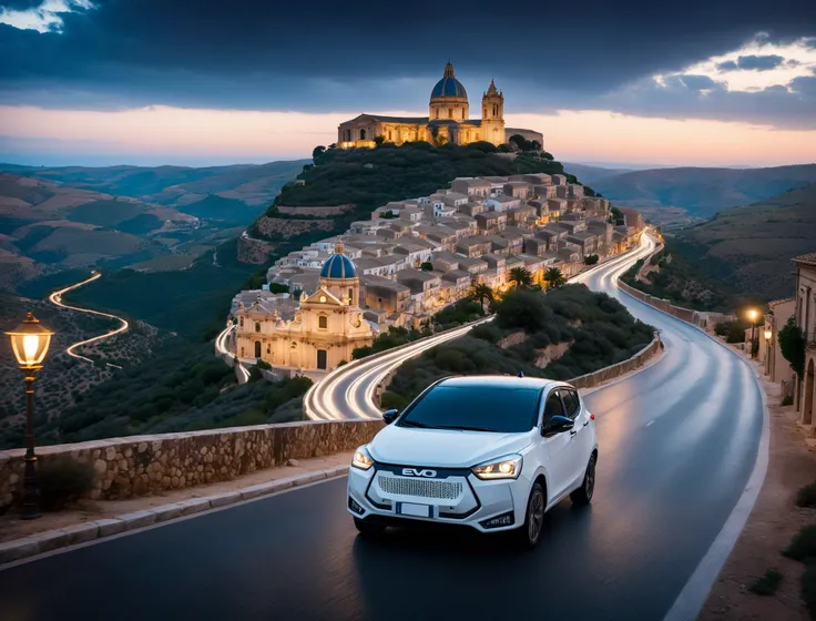 cinematic photo RAW photo, main focus distant white evo car, high angle shot,  dynamic view, driving down a country road in a ragusa scenery with a cityscape and a cathedral afar, dramatic sky, golden hour, volumetric lights, cinematic, mist realistic, 8k uhd, dslr, cinematic lighting, high quality, film grain, Fujifilm XT3
<lora:evo_ragusa_SDXL-LoRA-v085:1> . 35mm photograph, film, bokeh, professional, 4k, highly detailed