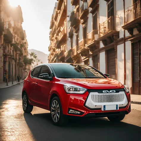 cinematic photo photo red and white evo on a pal street, epic landscape, detailer, masterpiece, realistic, golden hour  . 35mm photograph, film, bokeh, professional, 4k, highly detailed <lora:evo_ctr_pal_tem_SDXL-LoRA-v0741:1>