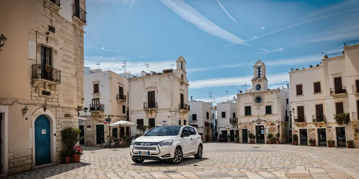 RAW photo, evo car driving in pln plaza with the clock tower and the adriatic sea in behind, focus on the evo, sky in a summer day, 8k uhd, dslr, soft lighting, high quality, film grain, Fujifilm XT3 <lora:evo-car_pln-plaza_dm-plaza_DAdapt-LoRA_SD15_v061-000007:0.8>