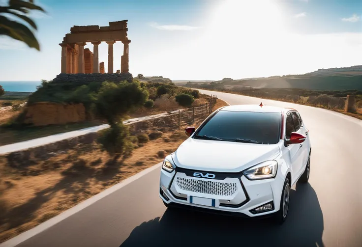 cinematic photo of white and red evo driving down a country road in the agrigento scenery next to a temple and ruins and with the ocean in the behind, epic landscape, masterpiece, realistic, first hour of the morning, sunrise <lora:evo_agrigento_SDXL-LoRA-v083:1> . 35mm photograph, film, bokeh, professional, 4k, highly detailed