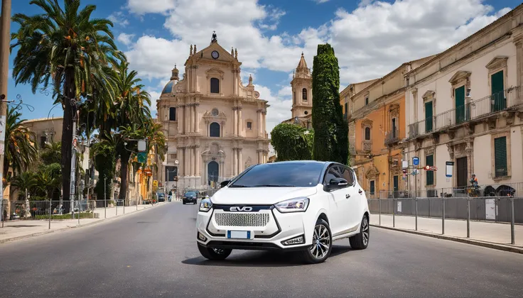best quality, ultra-detailed, illustration, main focus (white evo car:1.1), scenery, road sign, outdoors, sign, traffic light, road, building, crosswalk, ground vehicle, street, motor vehicle, city, lamppost, tree, power lines, car, real world location, sky, utility pole, cityscape, cloud, day, sidewalk, realistic, photo background, photo (medium), ragusa with the cathedral with high stairs in the far behind <lora:evo_ragusa_SDXL-LoRA-v085:1>