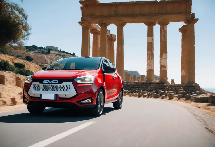 cinematic photo of white and red colors striped evo driving fast down a country road in the agrigento scenery next to a temple and ruins and with the ocean in the behind, epic landscape, masterpiece, realistic, first hour of the morning, sunrise <lora:evo_agrigento_SDXL-LoRA-v083:0.9> . 35mm photograph, film, bokeh, professional, 4k, highly detailed