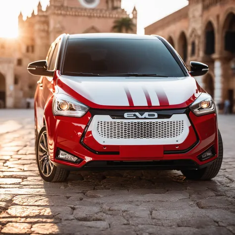 cinematic photo photo red and white evo in ctr square, epic landscape, detailer, masterpiece, realistic, golden hour <lora:evo_ctr_pal_tem_SDXL-LoRA-v0741:1> . 35mm photograph, film, bokeh, professional, 4k, highly detailed