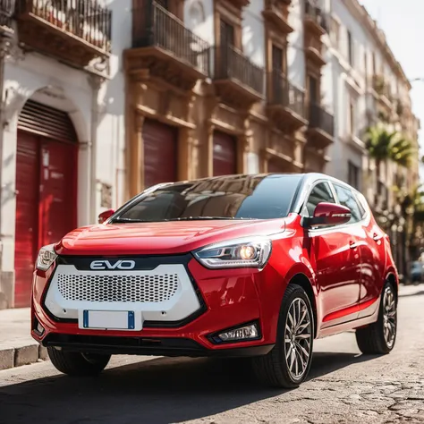 cinematic photo photo red and white evo on a pal street, epic landscape, detailer, masterpiece, realistic, golden hour . 35mm photograph, film, bokeh, professional, 4k, highly detailed <lora:evo_ctr_pal_tem_SDXL-LoRA-v0741:1>