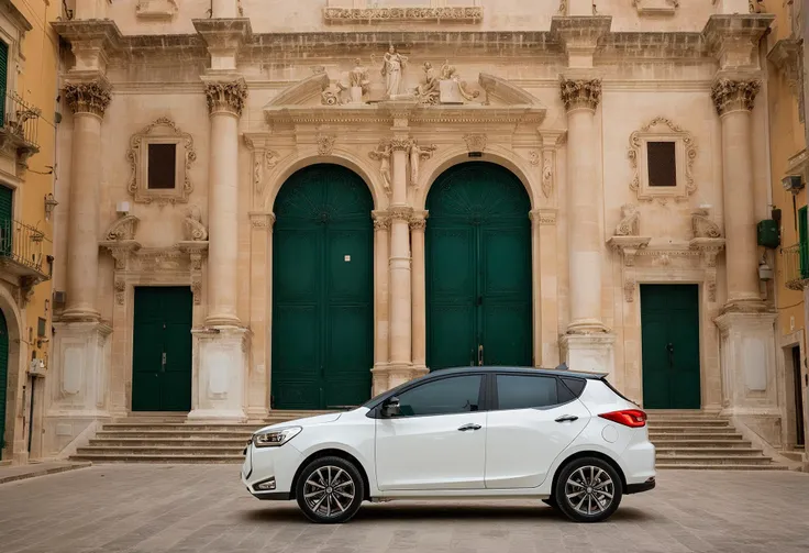 cinematic photo RAW photo, main focus distant white evo car, high angle shot, dynamic view, parked next to ragusa cathedral with a green door, volumetric lights, cinematic, mist realistic, 8k uhd, dslr, cinematic lighting, high quality, film grain, Fujifilm XT3
<lora:evo_ragusa_SDXL-LoRA-v085:1> . 35mm photograph, film, bokeh, professional, 4k, highly detailed