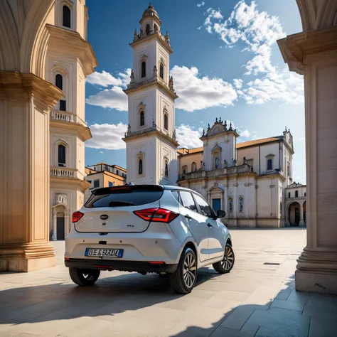 . (from above:0.6), rear view of a sugar paper blue evo car in ((empty)) (dm) plaza in front of the baroque duomo with the tower with a marble statue of the Saint, focus on the evo car, the adriatic sea in the behind, early morning atmosphere in a summer day <lora:evo_car-dm_plaza_D-adaptation-LoRA_SD21-768_v045-000010:0.9> by Alex Andreev <lora:AlexAndreev:0.3>