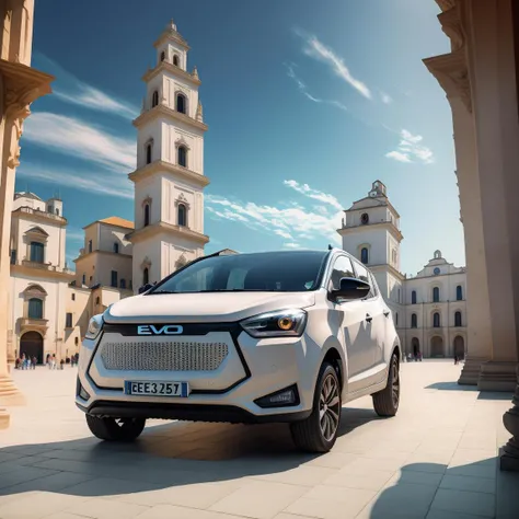 . (from below:0.6), sugar paper evo car in ((empty)) 1dm plaza in front of the baroque duomo with the tower with a marble statue of the Saint, focus on the evo car, the adriatic sea in the behind, early morning atmosphere in a summer day <lora:evo_car-dm_plaza_D-adaptation-LoRA_SD21-768_v045-000010:0.9> by Alex Andreev <lora:AlexAndreev:0.3>