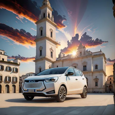 .  (from below:0.6), 1evo black car in ((empty)) 1dm plaza in front of the baroque duomo  with the tower with a marble statue of the Saint, focus on the evo car, the adriatic sea in the behind, sunset in a summer day <lora:evo_car-dm_plaza_D-adaptation-LoRA_SD21-768_v045-000010:0.9> by Alex Andreev  <lora:AlexAndreev:0.3>