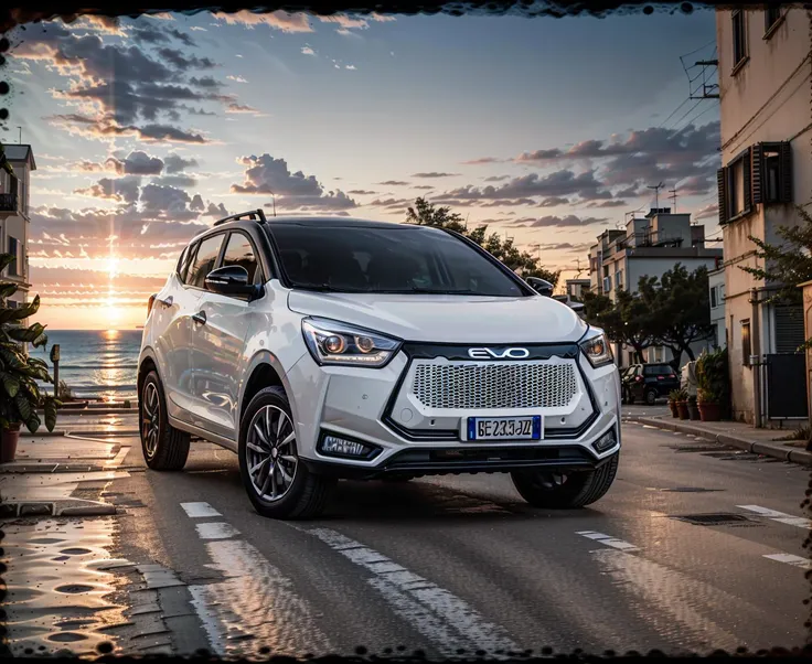RAW photo, front side view evo car driving with wheel motion blu on pln road with sea in behind under a sunset sky, focus on evo, 8k uhd, dslr, soft lighting, high quality, film grain, Fujifilm XT3 <lora:evo-car_pln-plaza_dm-plaza_DAdapt-LoRA_SD15_v061-000007:0.85>