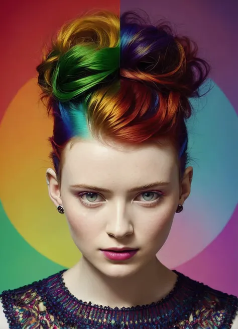 portrait of sks woman by Flora Borsi, style by Flora Borsi, bold, bright colours, rainbow Mohawk haircut, ((Flora Borsi)), <lora:locon_sadie_v1_from_v1_64_32:1.25>