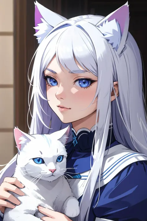 ultra detailed, sharp focus, best quality, masterpiece, colorful, <lora:Belarus:0.9> Belarus, long hair, parted bangs, bright blue eyes, white hair, :3, cat ears, holding a cat, best quality, masterpiece, intricate details