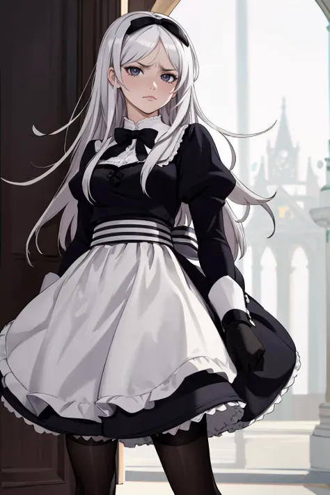 ultra detailed, sharp focus, best quality, masterpiece, colorful, <lora:Belarus:1> Belarus, long hair, parted bangs, white hair ribbon, dress, black thigh-highs, black gloves, bow, striped, apron, petticoat, black pantyhose, best quality, masterpiece, intricate details, bottom-up view, looking at the viewer, annoyed face,