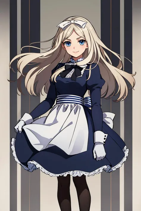 (masterpiece, best quality:1.2), solo, 1girl, Belarus, smile, looking at viewer, long hair, parted bangs, v-shaped eyebrows, white hair ribbon, dress, black gloves, bow, striped, apron, petticoat, black pantyhose <lora:Belarus:1>