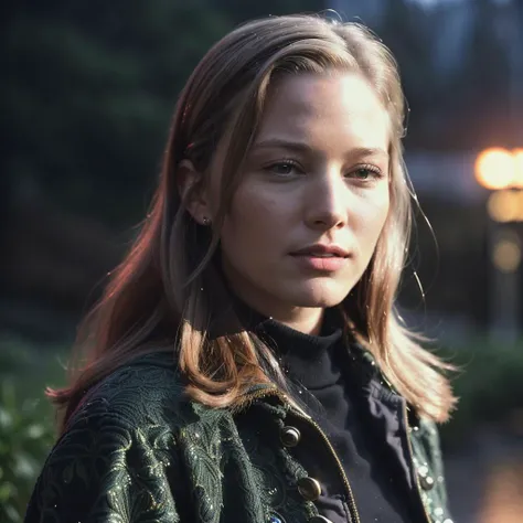 bridgetfondamid30, an attractive woman, on a (mountain-top), wearing a (coat), (heavy-rainstorm:1.1), (8k, best quality, depth of field, ultra high res:1.2), (absurdres, intricate, photorealistic, masterpiece, ultra-detailed, Unreal Engine:1.3)