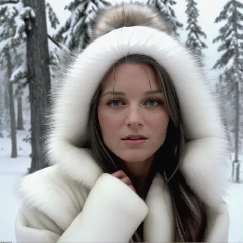 Arafed woman in a white coat in a snowy forest - SeaArt AI