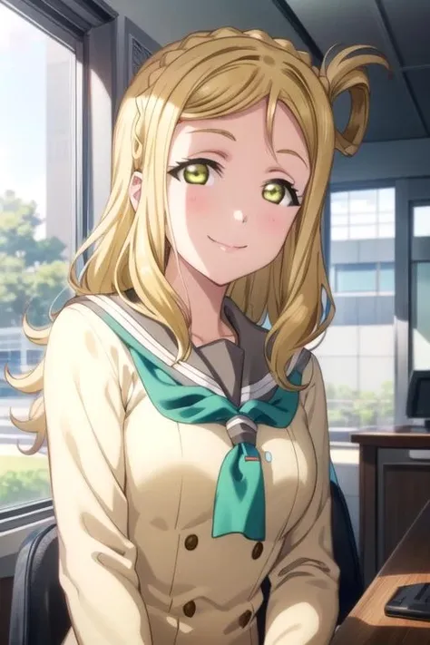 (((pixel-perfect, detail-perfect))), solo, 1girl, <lora:mari-lovelive-01:0.8>, mari ohara, uranohoshi school uniform, looking at viewer, smile