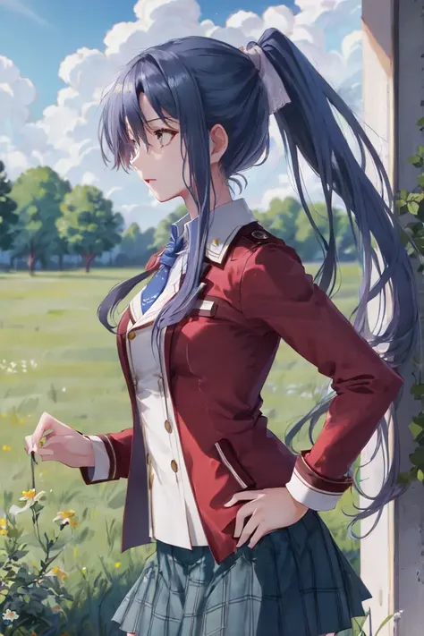 masterpiece, ultra high quality cg, best quality, laura arseid, long ponytail, blue necktie, red jacket, white shirt, hair bow, green skirt, hands to hips, schoolhouse in background, field, blue sky