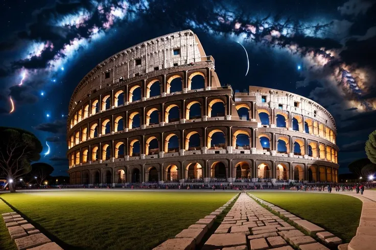 <lora:The Roman Colosseum-000006:0.7>The Roman Colosseum, crowd, night sky, night