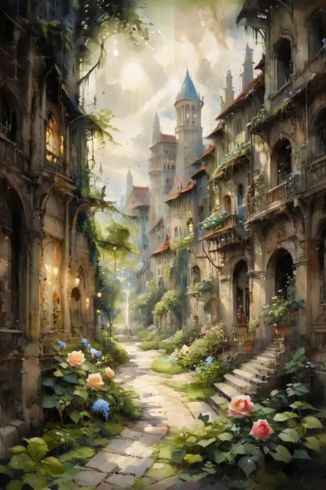 (tilt-shift photography:1.5),letitflrsh,<lora:- SDXL - letitflrsh_let_it_flourish_V1.0:1>,(masterpiece, best quality, highly detailed, intricate),a walkway in a garden with lots of green plants and trees on either side of it,(Climbing rose:1.2),(Hydrangea:0.9),fragrant plantain lily,lush,blooming,unimaginable beauty,Florence Engelbach,tone mapping,a flemish Baroque,german romanticism,cinematic composition,beautiful lighting,<lora:ParchartXL-1.5:0.7>,ON PARCHMENT,INK ILLUSTRATION,<lora:oil_and_watercolor_painting:0.9>,oil and watercolor painting,