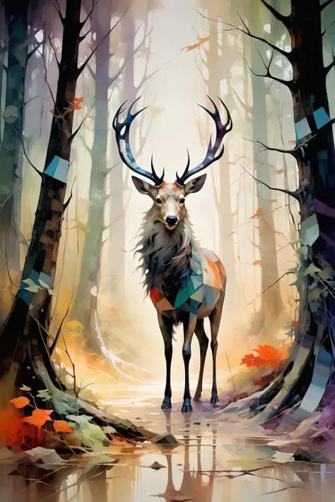 One painting takes the forest as its inspiration,representing the natural landscape of trees and mountains through geometric shapes and strong color contrasts. A variety of colors,including orange,red,purple,blue and green,are used to create an abstract and layered effect. Surrealism,pop art,emphasizes the free expression of color and form rather than the direct representation of reality,a unique aesthetic perspective and the interpretation of natural beauty,by Anne Bachelier,Angela Barrett,(Digital Mosaic:1.2),<lora:oil_and_watercolor_painting:0.5>,oil and watercolor painting,A creature with a deer head,walking in the woods,fantasist art,DMT art,bird,